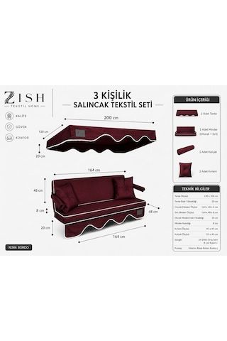 Altaleno 3 Kişilik 164 48 Cm Süngerli Bahçe Balkon Salıncak Minderi Yıkanabilir Kılıflı, Tenteli Keten Kumaş Tekstil Seti 24 Dns 8 Cm Orta Sert Sünger Bordo