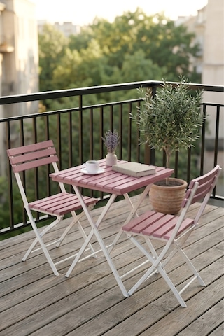 Katlanabilir 3'lü Masa Sandalye Bahçe & Bistro & Kamp & Balkon Takımı - Pembe