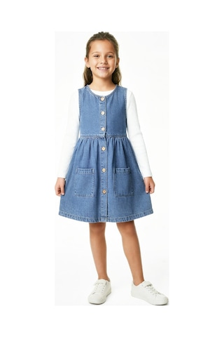 Kız Çocuk 2'li Jean Elbise Çift Cepli Jean Elbise+bluz 12533 Mavi