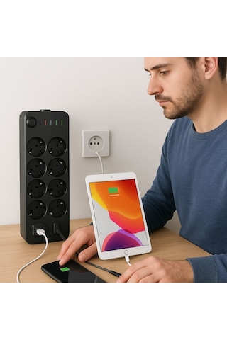 Buffer Akım Korumalı Termal Uzatma Kablosu 10 Priz, 2 Usb Ve 2 Type-c Girişli, Güçlü Çoklu Priz 0