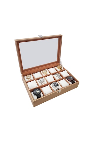 Chavin 15 Li Diamond Gold Deri Ahşap Camlı Saat Kutusu St15-57