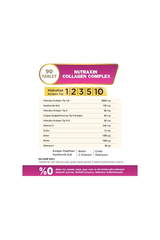 Collagen Complex Tablet 5 Tip Kolajen Tip I, Iı, Iıı, V, X + Hyalüronik Asit, Elastin, C Vitamini Cilt, Saç Ve Tırnak Desteği Şeker Ve Gluten İçermez 90 Tablet 2 Paketi