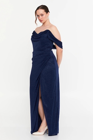 Doridorca Kadın Büyük Beden Düşük Kollu Uzun Abiye Elbise 6149 Lacivert Lacivert