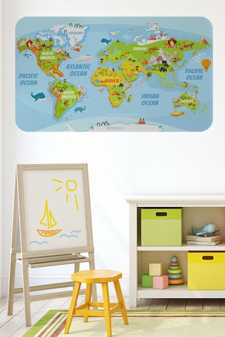 Eğitici Dünya Haritası Dünya Atlası Çocuk Ve Bebek Odası Duvar Sticker-85x130-3778 Çok Renkli