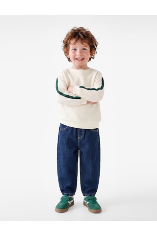 Koton Pamuklu Şerit Detaylı Bisiklet Yaka Uzun Kollu Oversize Sweatshirt Ekru 7wmb10113tk