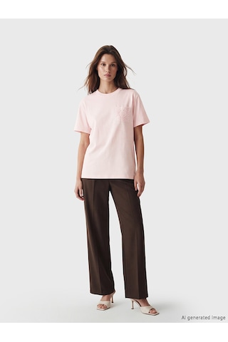 Lcw Modest Pembe Dantel Nakışlı %100 Pamuklu Kadın Tişört