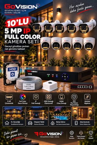 Go Vision 10'lu Güvenlik Dome Bullet Ip Kamera Seti - 3.6mm Lens, H.265, Poe, Warm Led Gece Görüşlü
