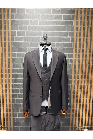 Dupont Classics Erkek Slim Fit 6 Drop Sivri Yaka Yelekli Poliviskon Çift Yırtmaç Takım Elbise Acı Kahverengi