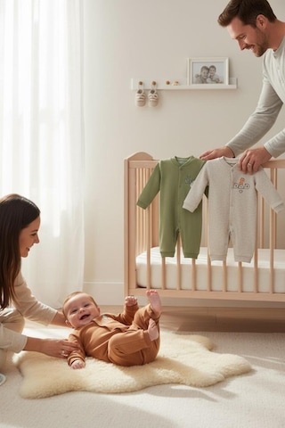 Altıntaş Baby Mom Dad Me Erkek Bebek Üçlü Tulum Yeşil Bej Yeşil Bej
