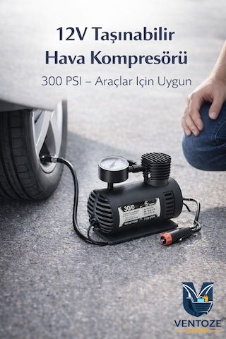 Taşınabilir Hava Kompresörü 12v 300 Ps I Araç Lastik Şişirme Pompası Mini Elektrikli Kompresör 12 V 300 Ps