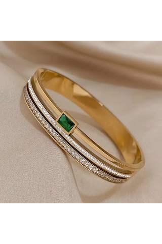 Zümrüt Gold Crystal Zirkon Taşlı Kelepçe Bileklik Gümüş - Altın