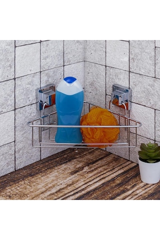 Easyfix Yapışkanlı Banyo Duvar Rafı Şampuanlık Köşe Rafı Krom Gümüş