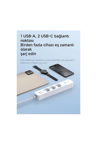 20w Power Strip 3 Lü Priz - 2 Usb-c + 1 Usb-a Hızlı Şarj