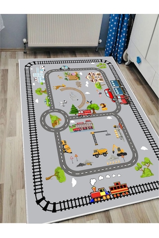 Trafik Tren Çocuk Oyun Halısı Kaymaz Makinede Yıkanabilir