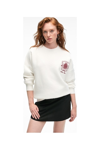 Grımelange AUDRA Kadın Oversize Yuvarlak Yaka Nakış Detaylı Beyaz Sweatshirt