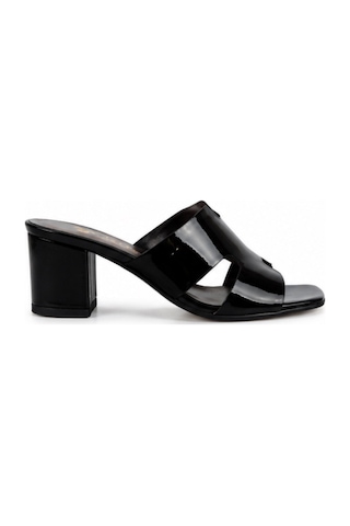 N Napa Shoe Np.9550.s.iyah Rugan Kadın Rugan Topuklu Terlik Kalın Topuklu, Kare Burun, Günlük Ve Şık Kullanım Siyah