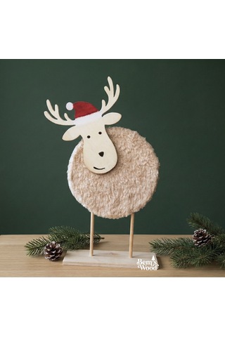 Sevimli Ahşap & Peluş Yılbaşı Geyiği Figürü - Noel Şapkalı Dekor Ahşap