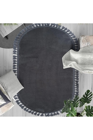 Antrasit Fluffy Düğüm Saçaklı Oval Post Peluş Halı Kaymaz Taban