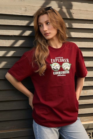 Velvoria Unisex Oversize Mountain Explorer Baskılı Bordo Renk T-shirt