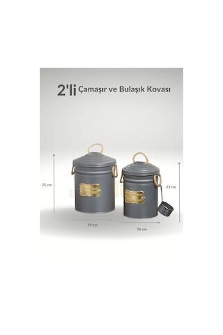 2'li Set Deterjan Kovası Çamaşır Bulaşık Kutusu Ölçekli Galvaniz Metal Antrasit Antrasit
