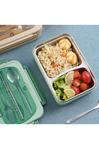 Aubyhe 304 Çelik Isı Saklama Yemek Kutusu, 2 Bölmeli, Mikrodalga Uyumlu, Öğrenci-ofis Çalışanı İçin Nane Yeşili Yeşil