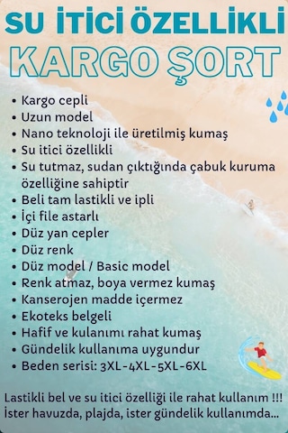 Miami Beach Siyah Büyük Beden Kargo Cepli Uzun Model Su İtici Özellikli Düz Renk Erkek Plaj Deniz Şort - 444-siyah 001