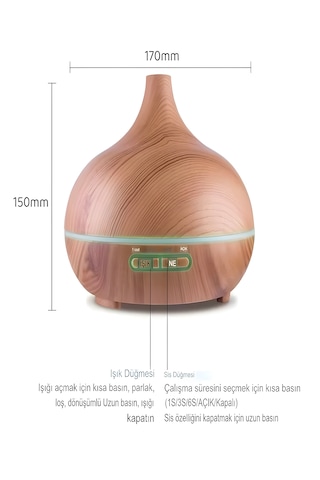 500ml Kumandalı Ahşap Desenli Aroma Difüzör Hava Nemlendirici 7 Renk Led, Rgb Işıklı