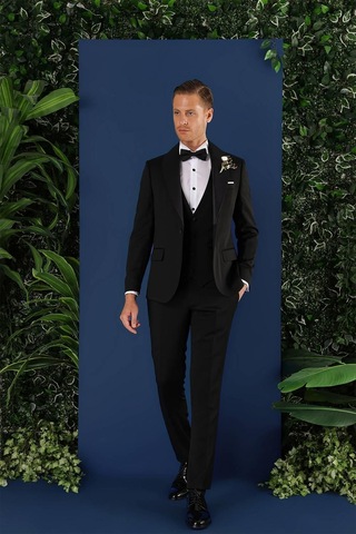 Efor Black 070 Slim Fit Yelekli Çıkarılabilir Saten Yaka Siyah Damatlık Smokin Takım Siyah