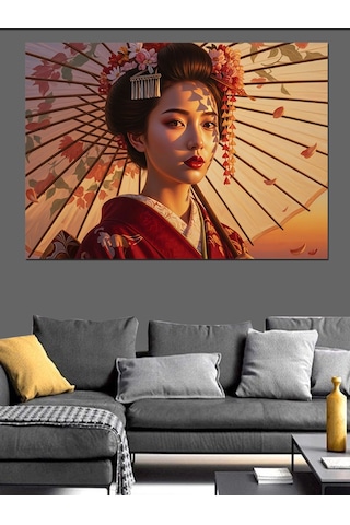 Şemsiyeli Japon Geyşa Kadın Dekoratif Kanvas - Mdf Ahşap Tablo
