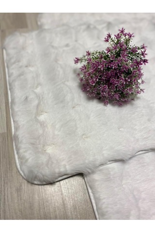Bubble Tavşan Tüyü, Kaymaz Taban, Pofuduk, Ultra Lüks, Yıkanabilir 2'li Banyo Paspası Beyaz Çok Renkli