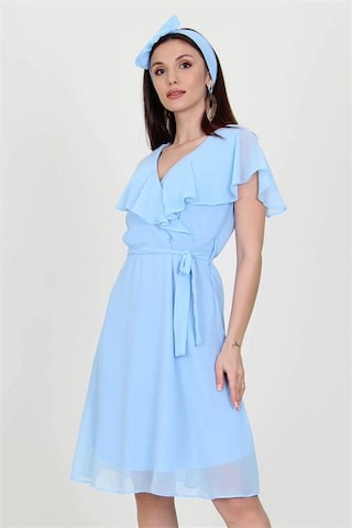 Neşeli Butik Kadın Midi Boy Yeni Sezon Kruvaze Yaka Melek Kol Şifon Elbise Ry8081 Bebe Mavisi