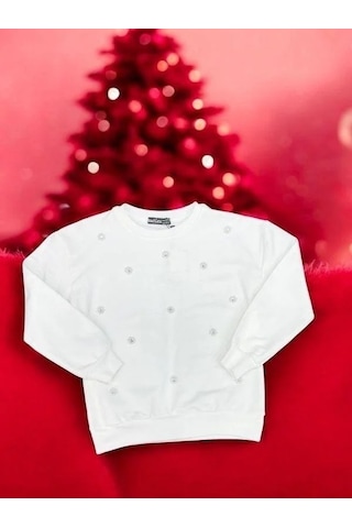 Kız Çocuk Pamuklu İnci İşlemeli İnce Sweatshirt-15007 Ekru