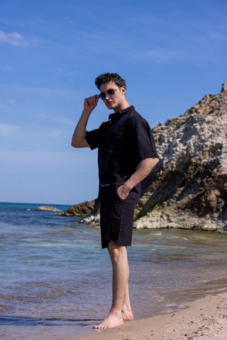 Keten Kumaş Siyah Renk Cep Detaylı Gömlek Şort Erkek Takım-1732 Siyah