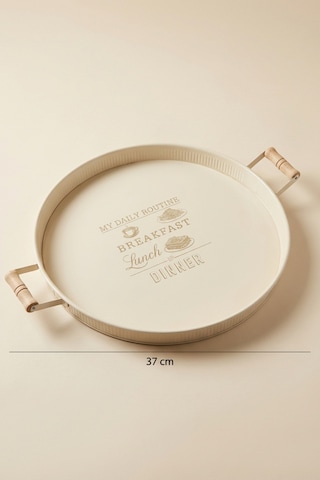Ahşap Kulplu Yuvarlak Metal Servis Tepsisi 37 Cm Krem