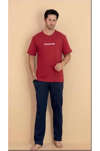 Pijamerry Erkek Bisiklet Yaka Kısa Kol Penye Pijama Takımı 6318 - 1 Adet Kırmızı