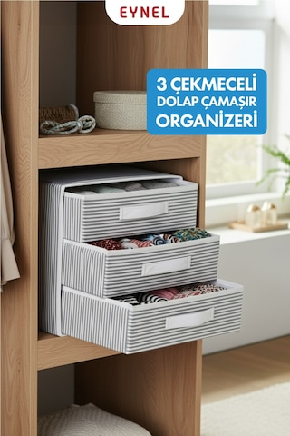 Katlanabilir Üç Çekmeceli Dolap Çamaşır Organizeri Takı Kutusu Gardrob Kumaş Düzenleyici 32x32x32cm Çok Renkli