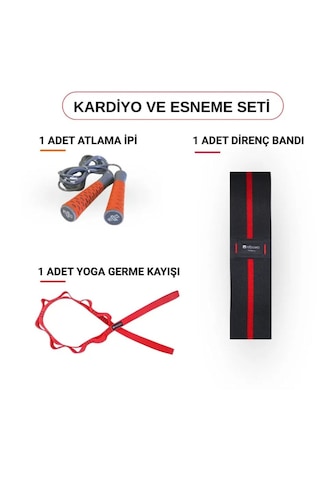 Kardiyo Ve Esneme Seti Atlama İpi, Heavy Direnç Bandı Ve Yoga Germe Kayışı Siyah - Kırmızı
