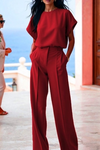 Modasize Kadın Kısa Kollu Bisiklet Yaka Bluz Yüksek Bel Cep Detaylı Pantolon Atlas Ikili Takım Kırmızı