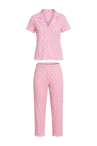 Cottonhill Pudra Kalp Desenli Pointel Gömlek Yaka Kadın Pijama Takımı