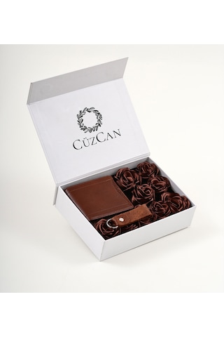 Premium Gift Rose Box - Kelebek Taba Hakiki Deri Cüzdan - Anahtarlık Ve Taba Gül Kutusu Taba