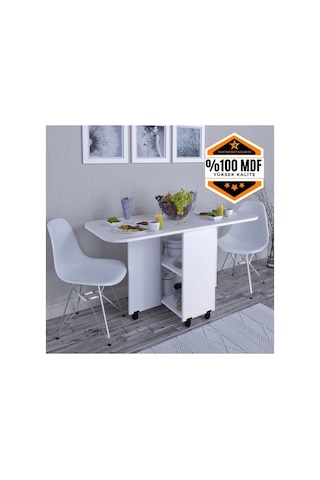 Açılır Katlanır Oval Mutfak Yemek Masası Mdf Beyaz