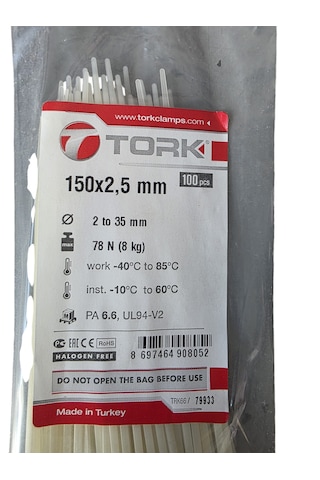 Tork 150x2,5 Mm Plastik Kablo Bağı Beyaz 100 Adet