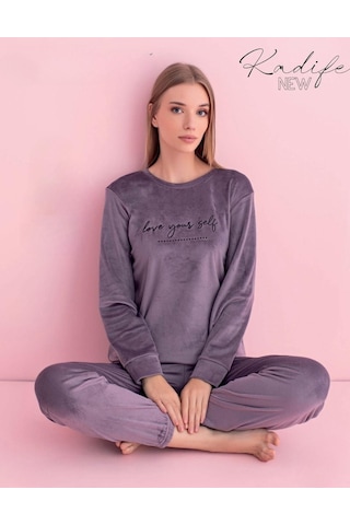 Pijamerry Kadın Kışlık Bisiklet Yaka Kadife Pijama Takımı 3034m - 1 Adet Açık Mor
