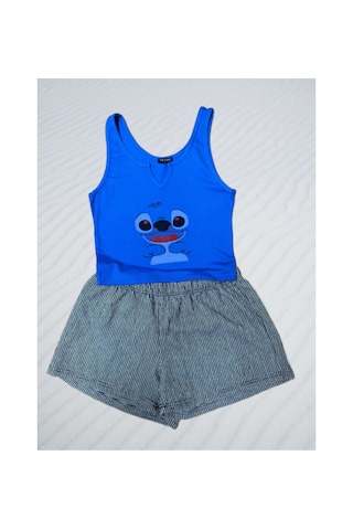 Pazarız Pembecin Şortlu Pijama Takımı Babydol İp Askılı Yazlık Pamuklu Kolsuz Mavi Gri Ayıcık Mavi