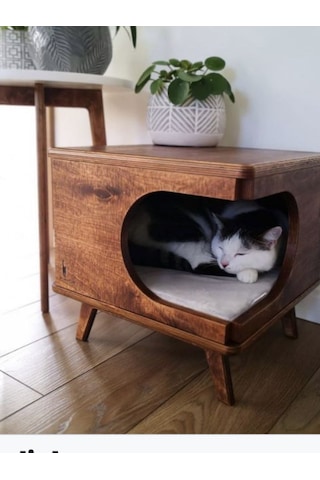 Dekoratif Ahşap Kedi Evi Ve Yan Sehpa