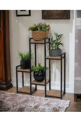 METAL AHŞAP 6 RAFLI SAKSI STANDI KATLI DİKEY SAKSILIK ÇİÇEKLİK