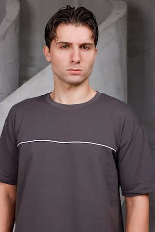 Erkek Garnili Şeritli Oversize Bisiklet Yaka 2 İki İplik Kompakt T-shirt Kahverengi