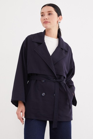Fullamoda Pelerinli Kuşaklı Geniş Kol Oversize Trençkot Lacivert