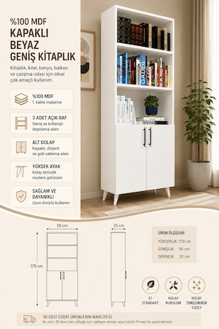 Renazzo %100 Mdf Kapaklı Tekli Modül Ayaklı Geniş Beyaz 179x56 Cm