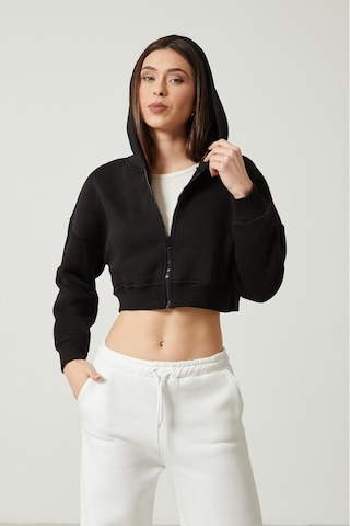 Twenty3 Kadın Basic Fermuarlı Kapüşonlu Crop Kalın İçi Polarlı Örme Sweatshirt 001